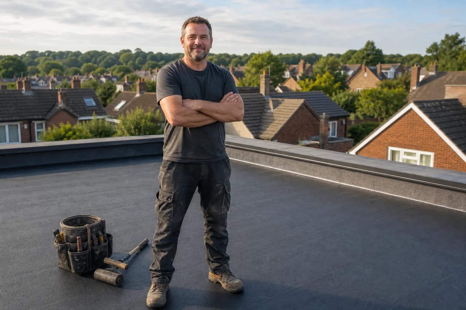 Experienced P J F & Sons roofer reviewing a completed flat roof