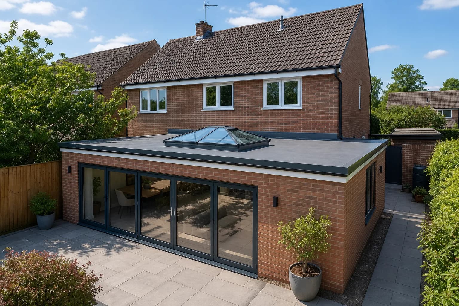A completed modern flat roof extension with skylight on a Hampshire home